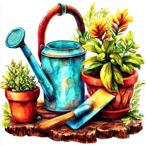 A vibrant illustration of a rustic watering can overflowing with colorful tulips and daisies against a soft green background