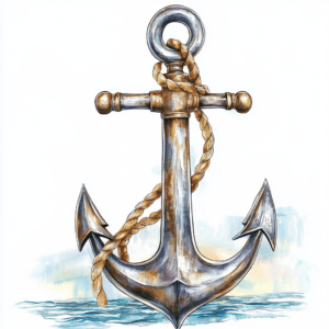 A beautifully hand-painted anchor illustration in deep navy blue surrounded by soft waves and white bubbles