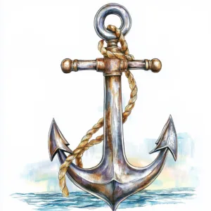 A beautifully hand-painted anchor illustration in deep navy blue surrounded by soft waves and white bubbles