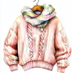 A cozy winter sweater illustration in soft pastel colors featuring floral patterns and a knitted texture