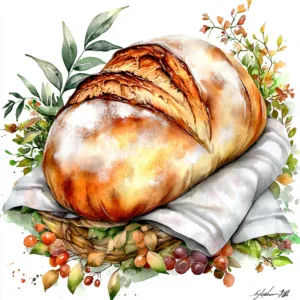 A beautifully crafted loaf of rustic bread with a golden crust resting on a wooden cutting board