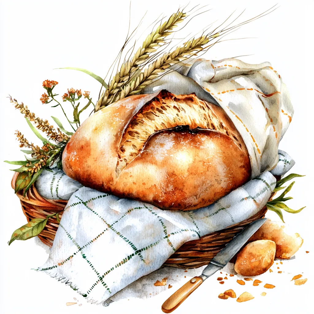 A warm baguette nestled in a woven basket surrounded by sprigs of fresh herbs