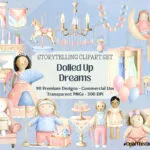 A whimsical doll with bright pink hair wearing a sparkling blue dress stands in a cozy bedroom setting