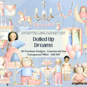 A whimsical doll with bright pink hair wearing a sparkling blue dress stands in a cozy bedroom setting
