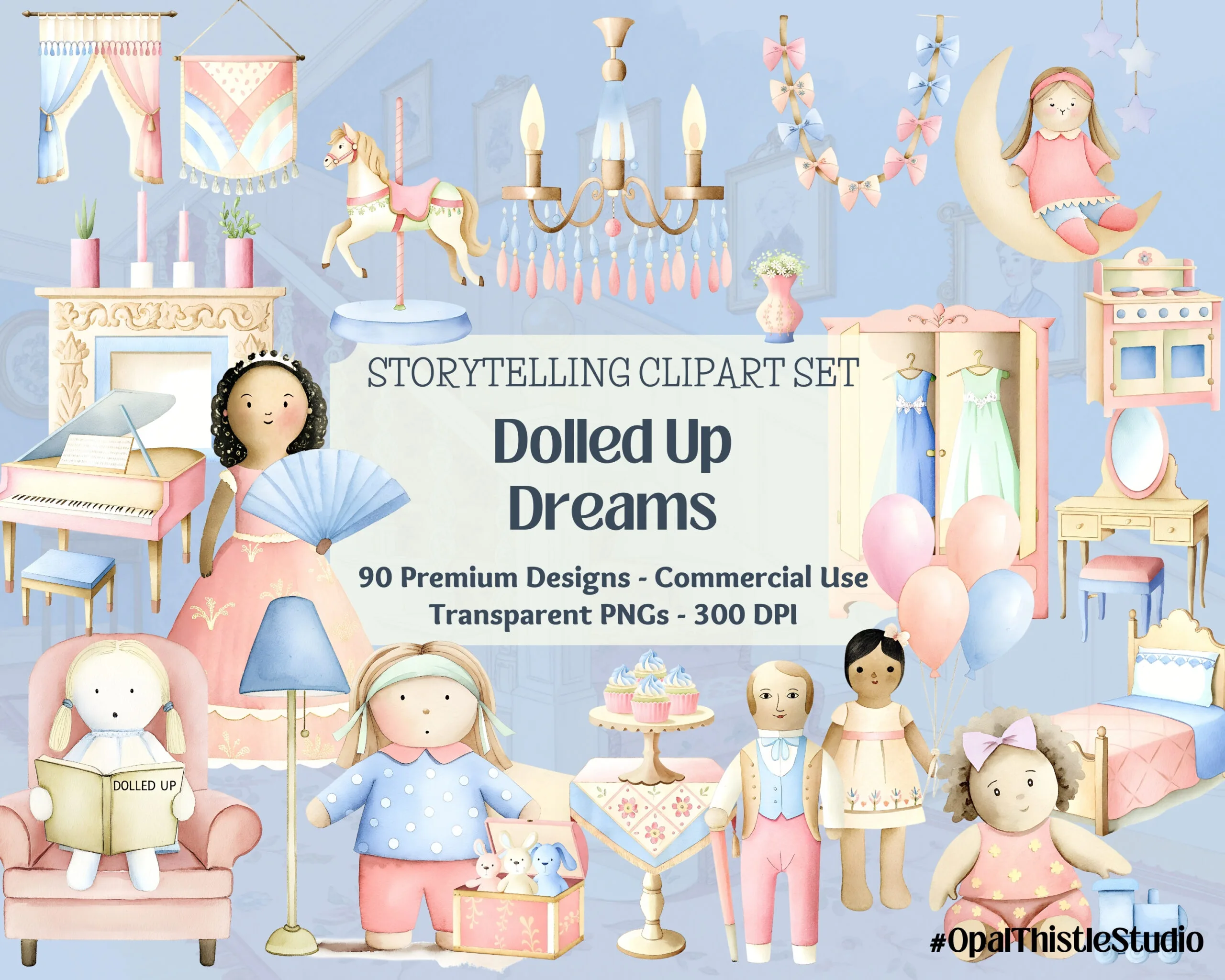 A whimsical doll with bright pink hair wearing a sparkling blue dress stands in a cozy bedroom setting