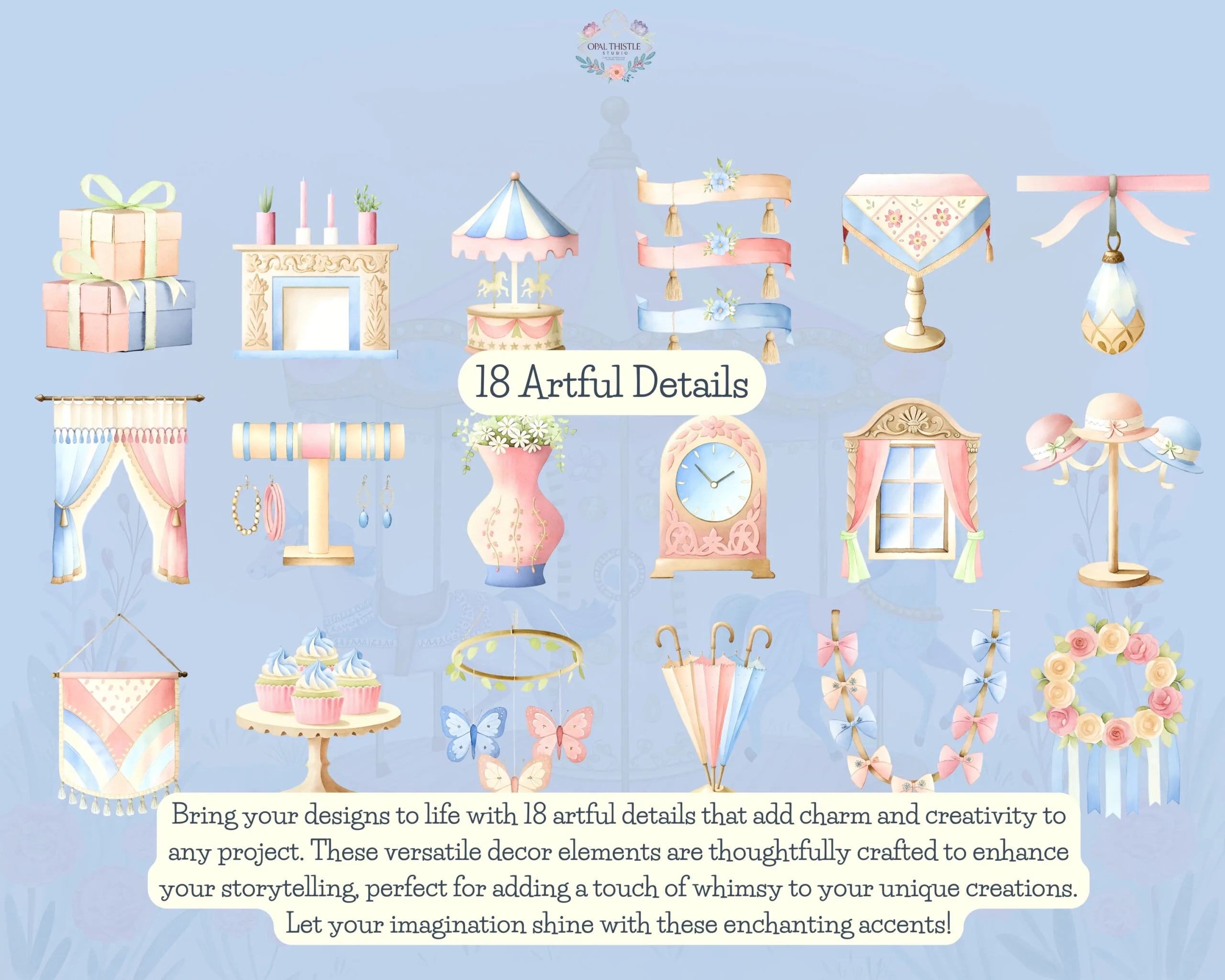 A charming fairy character with pastel wings and a floral crown sits on a fluffy cloud surrounded by stars