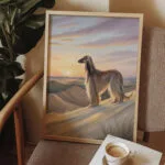 An elegant wall art print featuring a majestic horse galloping through a lush green meadow under a clear blue sky