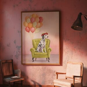A whimsical Dalmatian wall art print featuring a playful dog surrounded by colorful flowers and a bright blue sky