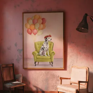 A whimsical Dalmatian wall art print featuring a playful dog surrounded by colorful flowers and a bright blue sky