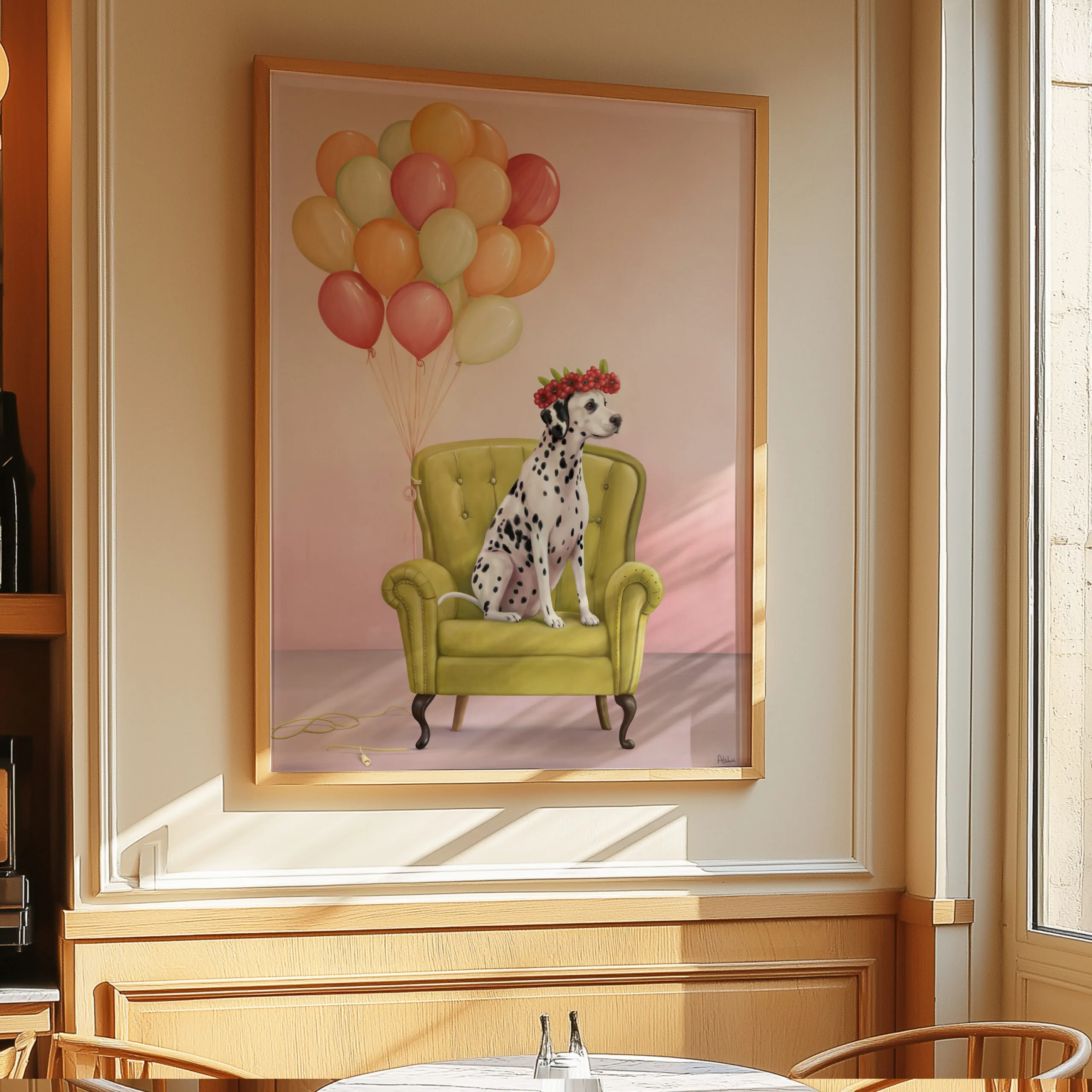 A charming illustration of a happy Dalmatian wearing a colorful collar against a vibrant orange background
