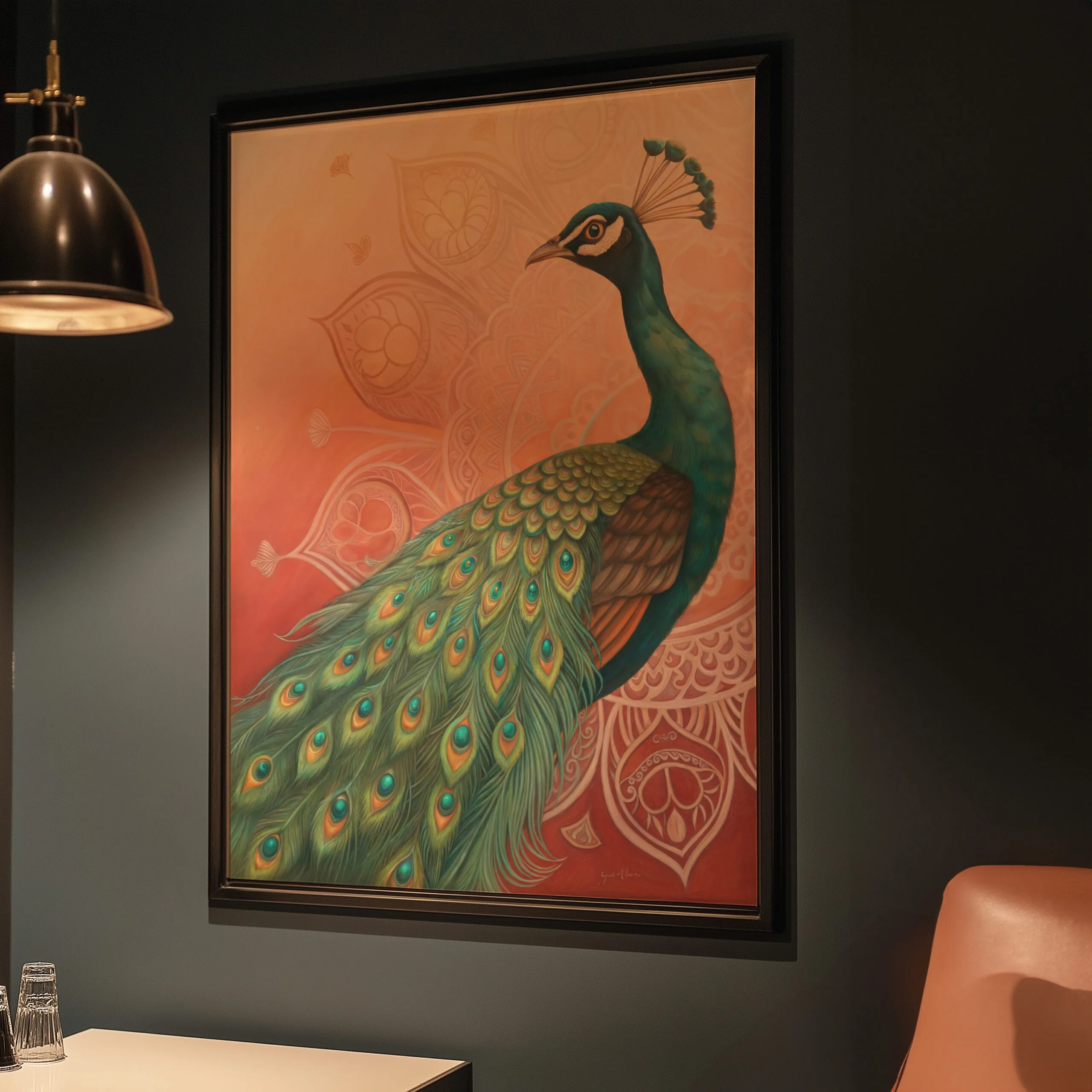 Framed peacock painting on wall in dimly lit room.