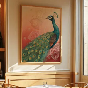 A majestic peacock displaying its vibrant plumage in shades of blue green and gold