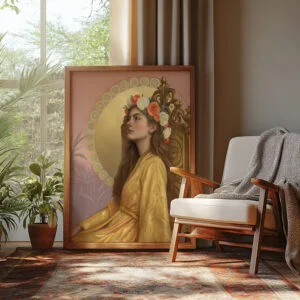 Framed portrait by chair in sunlit room.