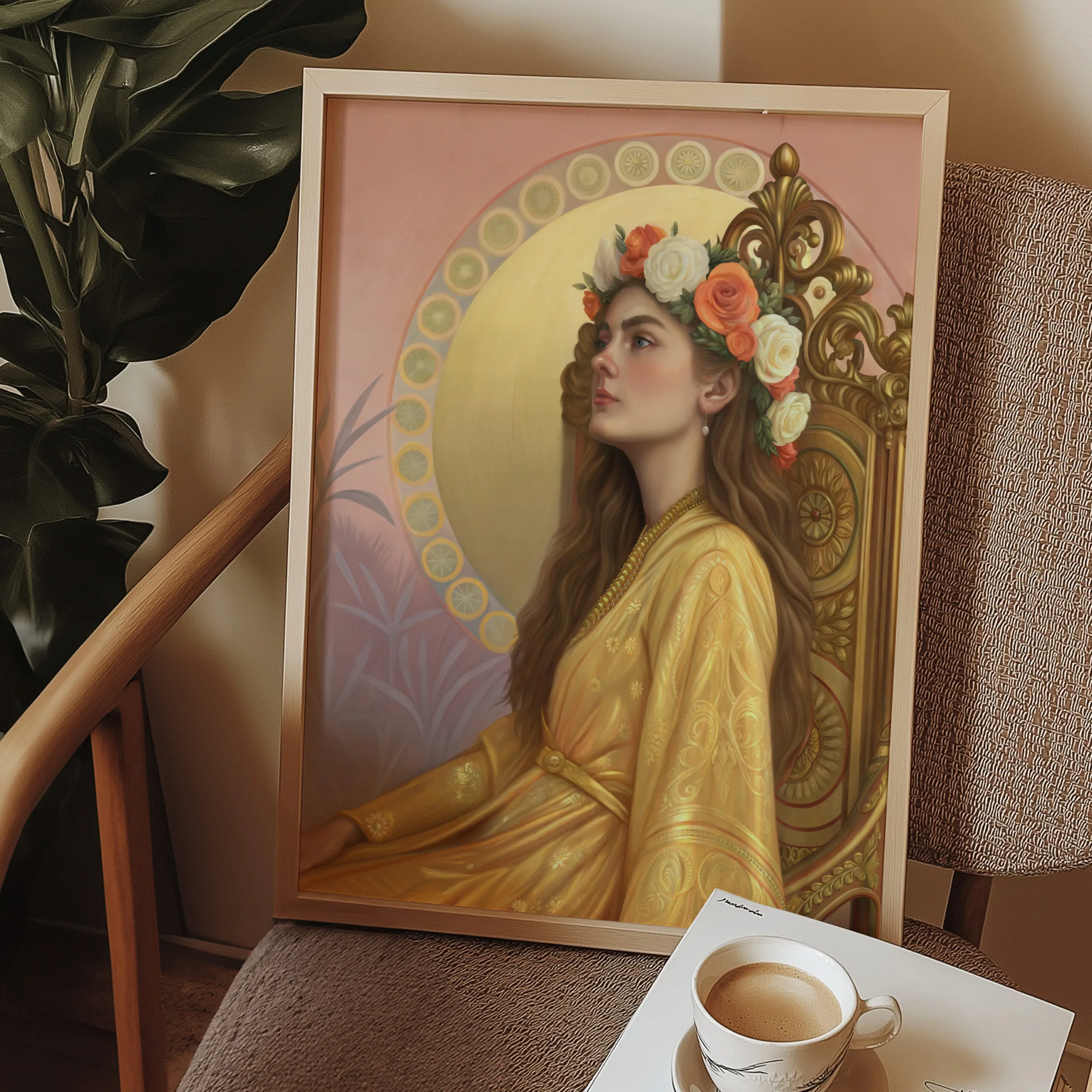 Framed portrait of woman in yellow with flower crown.
