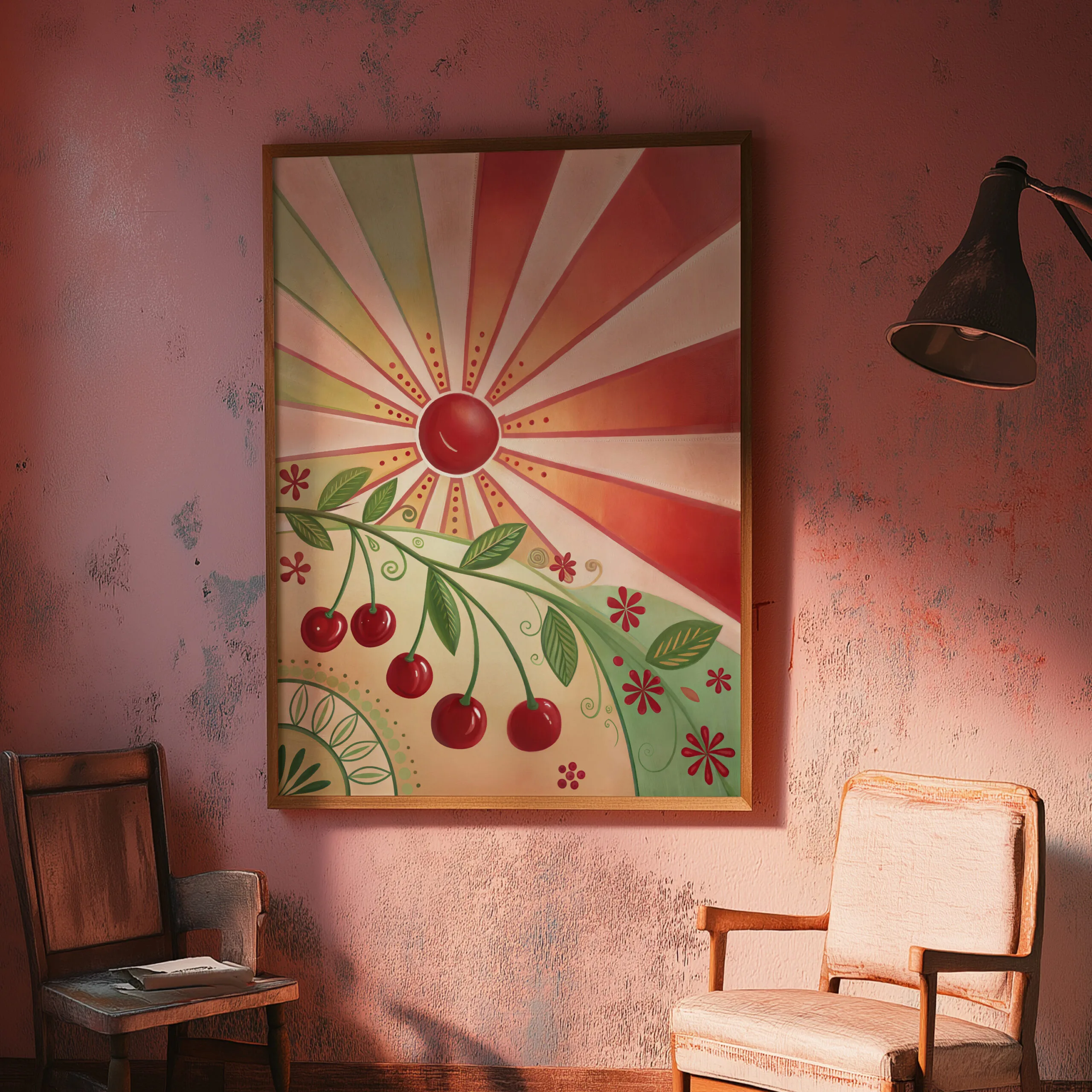 Sunburst and cherries artwork in vintage room