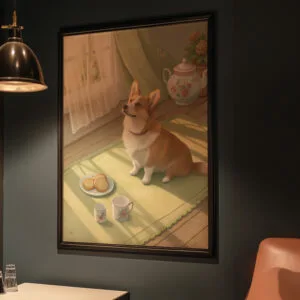 Painting of corgi with cups and pancakes.