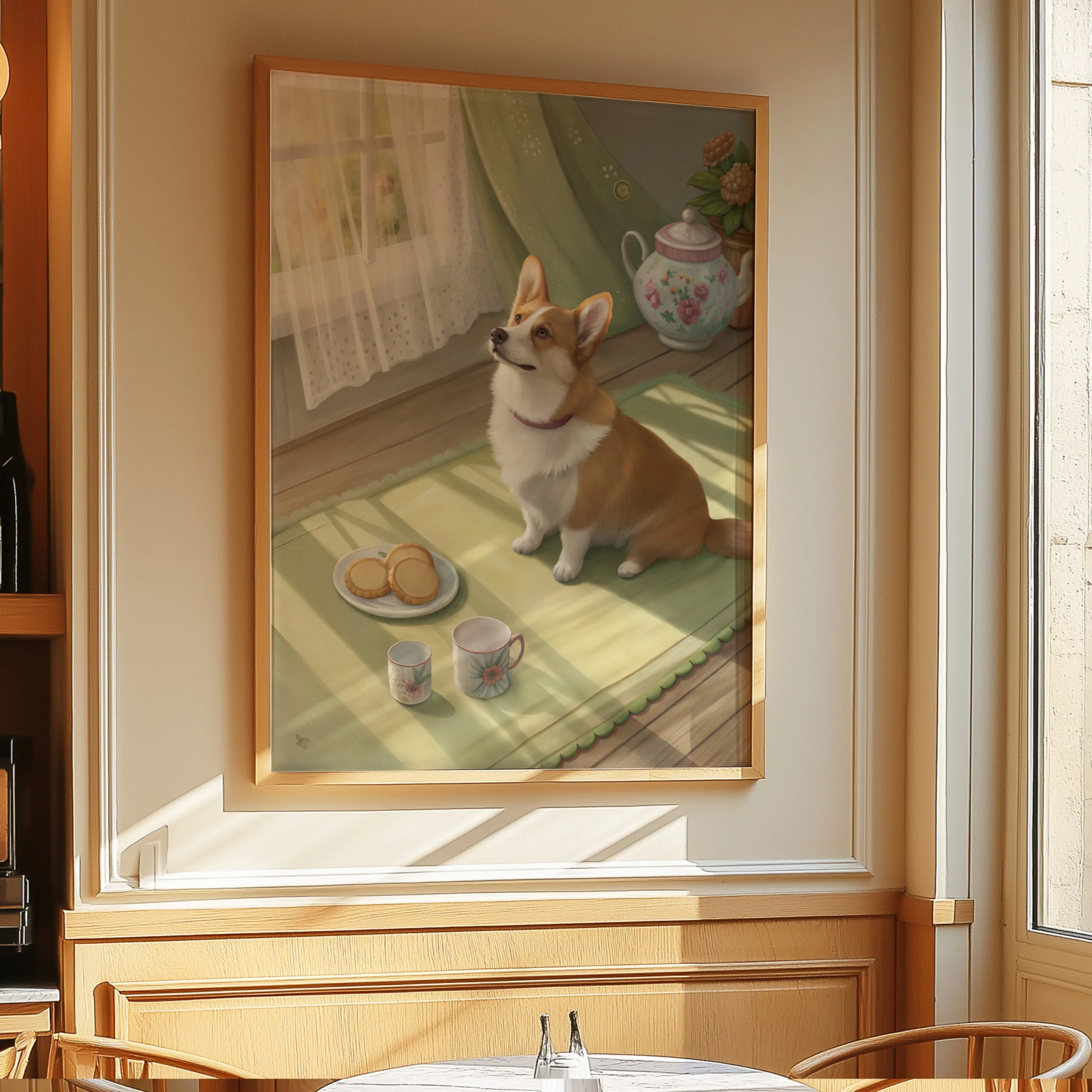 Painting of a corgi dog with teapot and cups.