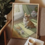 Corgi sitting by window with tea and biscuits.