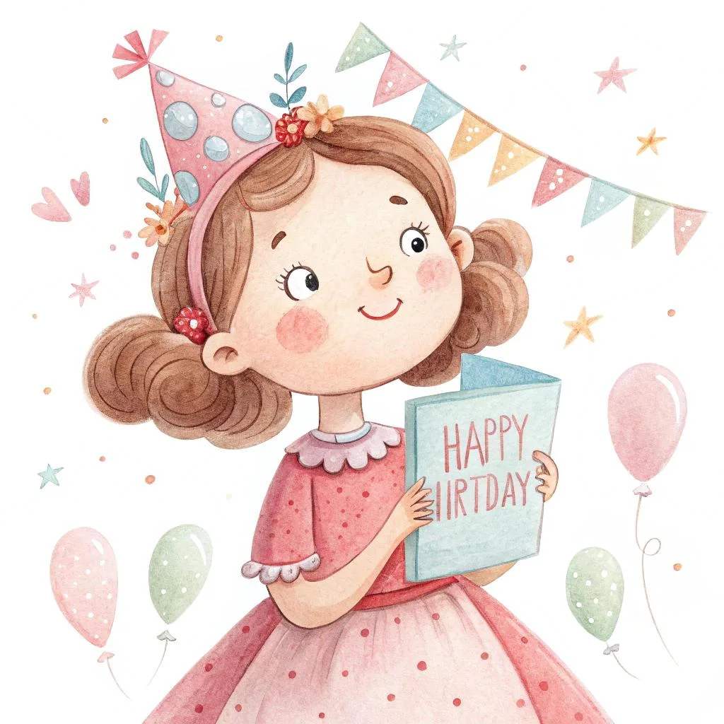 A colorful birthday cake topped with bright candles and surrounded by cheerful balloons in pastel colors