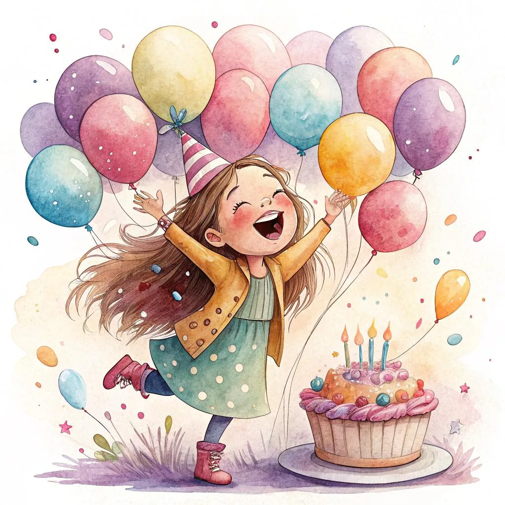 A playful illustration of a cute cartoon character holding a bunch of vibrant balloons in a festive setting