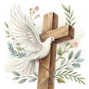 An intricately designed Catholic cross featuring soft pastel colors adorned with delicate pink and white flowers