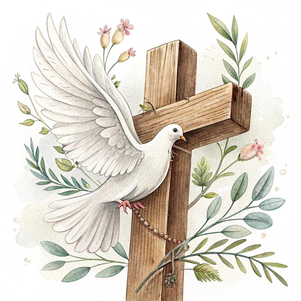 An intricately designed Catholic cross featuring soft pastel colors adorned with delicate pink and white flowers