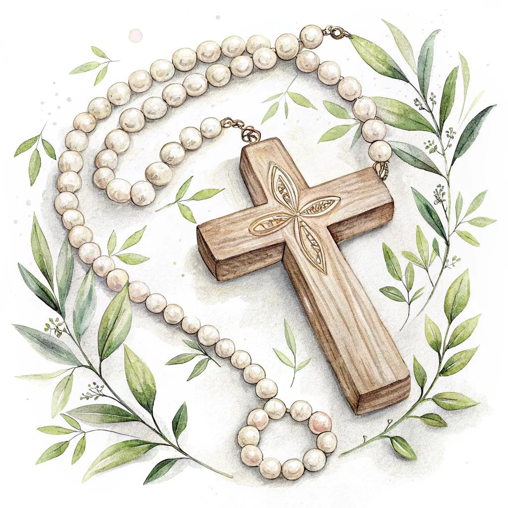 A serene illustration of a cross surrounded by gentle blue doves and leafy green accents