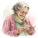 A nostalgic illustration of a cheerful elderly lady sitting with a deck of cards and a cup of tea nearby