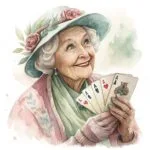 A joyful elderly lady playing cards with friends surrounded by soft pastel colors and intricate details