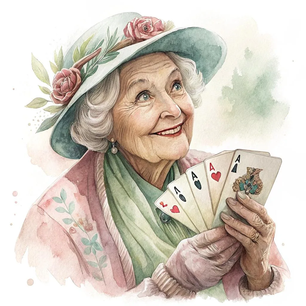 A joyful elderly lady playing cards with friends surrounded by soft pastel colors and intricate details