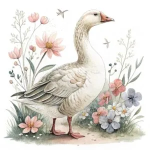 A graceful goose standing amidst a bouquet of pastel flowers and green leaves