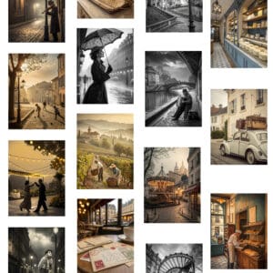 A vintage cityscape print showcasing a charming street scene with warm sepia tones and intricate architectural details