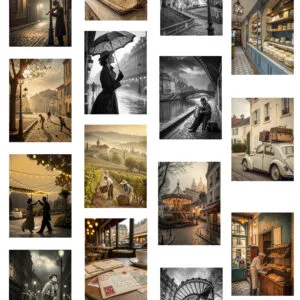 A vintage cityscape print showcasing a charming street scene with warm sepia tones and intricate architectural details