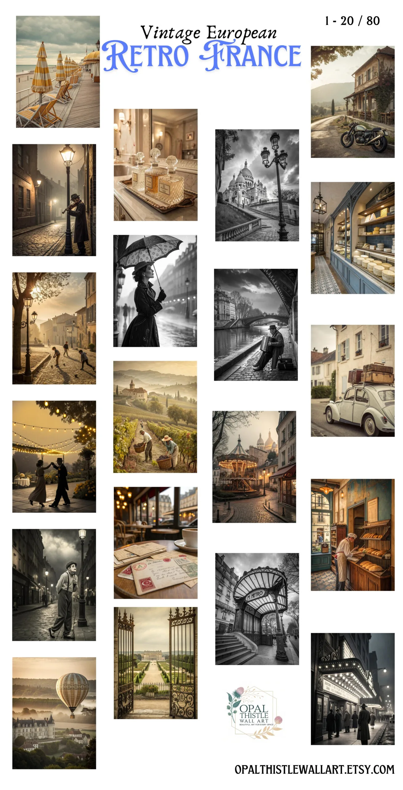 A vintage cityscape print showcasing a charming street scene with warm sepia tones and intricate architectural details