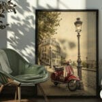 An elegant architectural decor print highlighting a historic building against a soft pastel sky