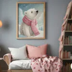 A whimsical wall art print featuring a hand-painted elephant surrounded by soft pastel clouds and stars