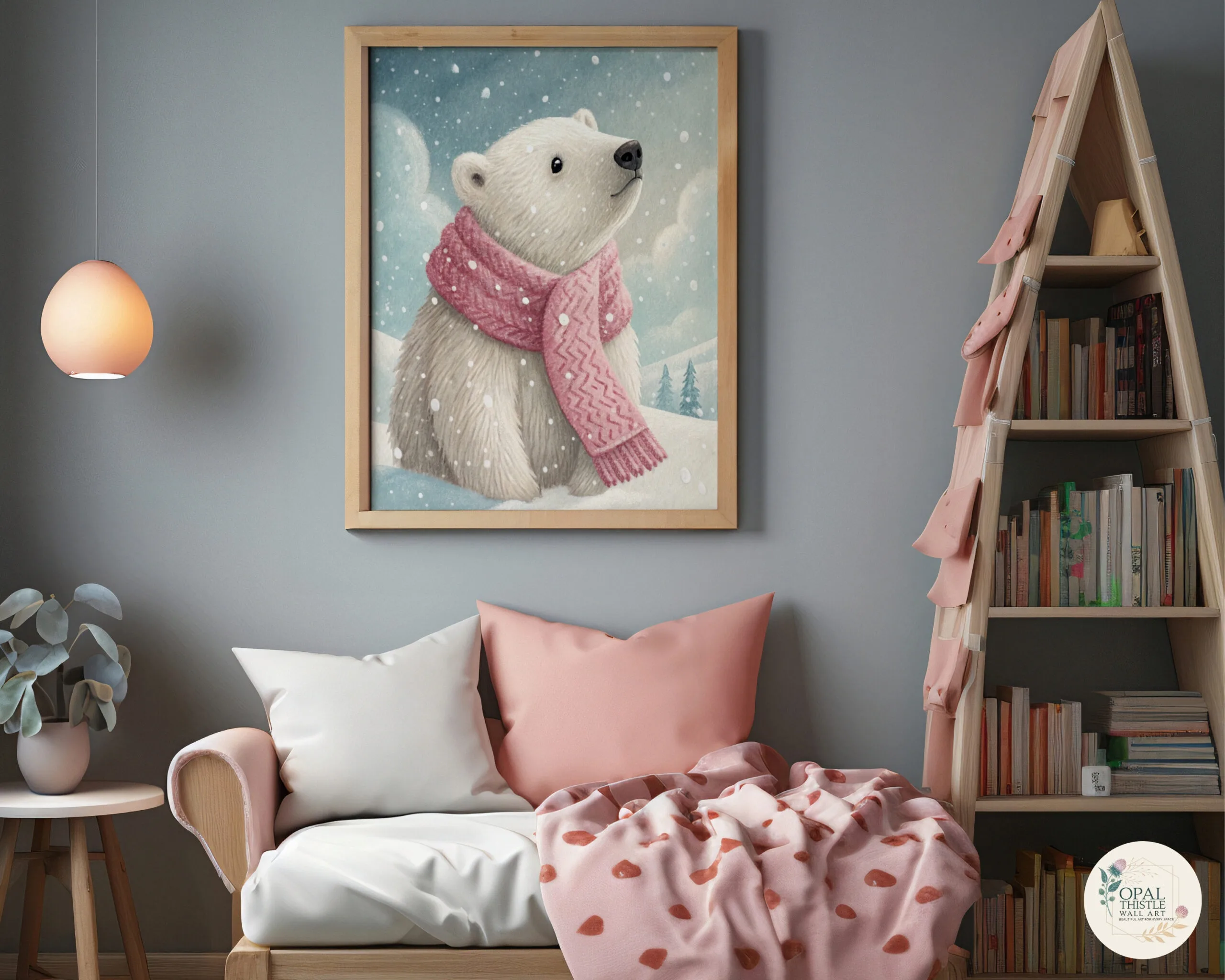 A whimsical wall art print featuring a hand-painted elephant surrounded by soft pastel clouds and stars