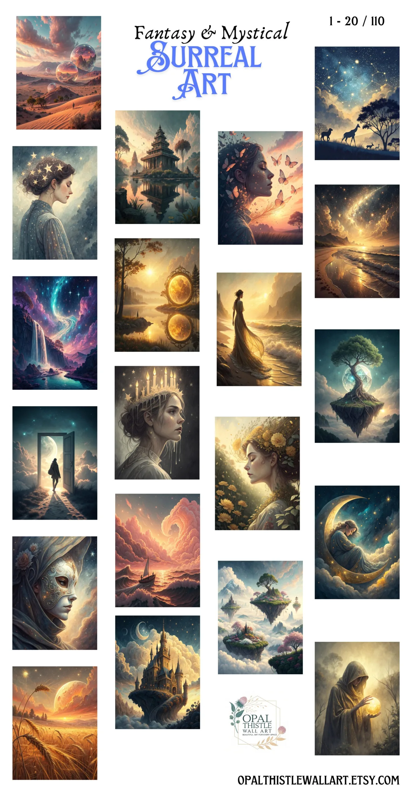 A mystical celestial print featuring radiant stars scattered across a dreamy dark background