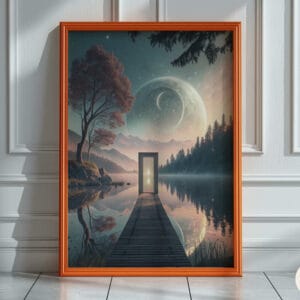 An ethereal cosmic wall art piece showcasing swirling nebulas in deep blues and shimmering gold accents