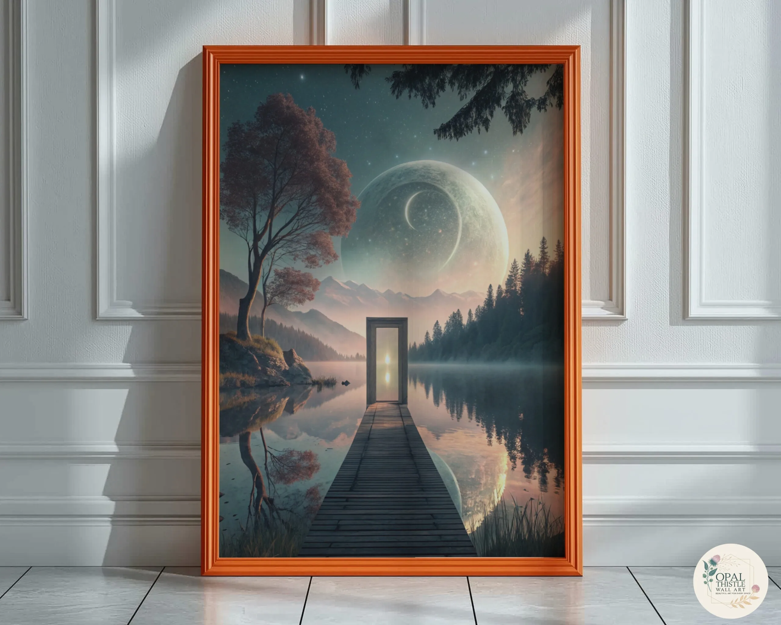 An ethereal cosmic wall art piece showcasing swirling nebulas in deep blues and shimmering gold accents