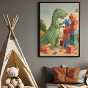 A whimsical nursery wall art print featuring a playful fox surrounded by pastel flowers and gentle greenery