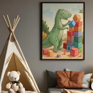 A whimsical nursery wall art print featuring a playful fox surrounded by pastel flowers and gentle greenery